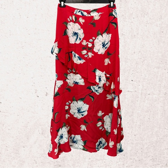 Miss Me Red Wrap Midi Skirt with Asymmetrical Ruffles - Picture 2 of 4